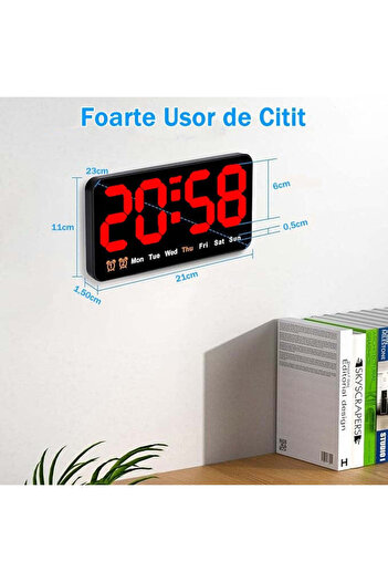 VTM Digital Table and Wall Clock with Red LED, Alarm, Calendar, Temperature, Snooze, 11x21cm