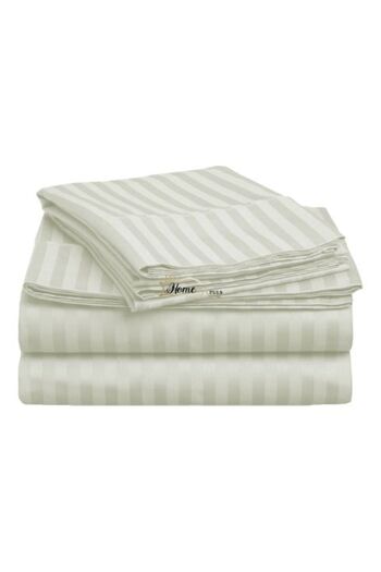 HomePuls Fitted Bed Sheet Damask Cotton 100% Stripe 1 cm, 190 x 250 cm for Mattress 140 x 200 cm, Light Cream