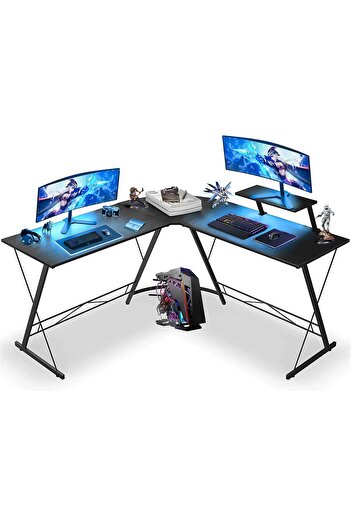 SKY TOUCH Sky-Touch L Shaped Gaming Desk with Round Corners and Shelf, Black