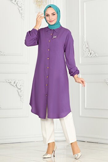 ModaMerve Viscose Tunic with Elastic Cuffs 0171Bg354-Ms Dark Lilac