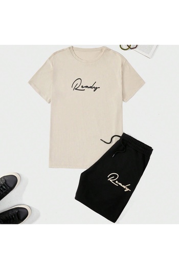 MOVİMENT Beige-Black Ready Printed Bottom-Top Men's Shorts Set