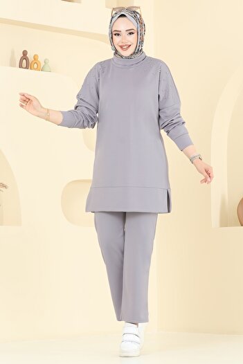 ModaMerve Stoned Degaje Collar Suit 2711Ayd574-Ms Gray