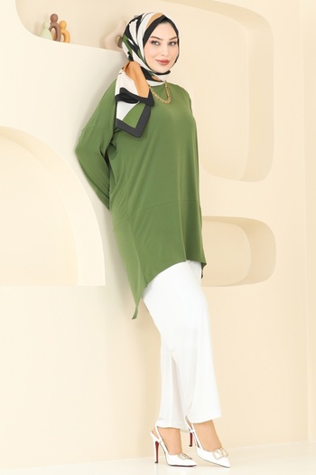 ModaMerve Asymmetric Cut Sandy Suit 5095Uz662-Ms Oil Green