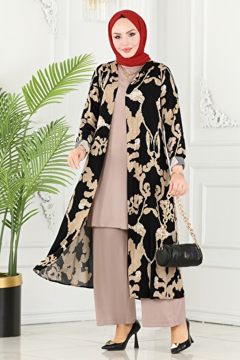 ModaMerve Patterned Triple Viscose Suit 4026Bg354-Ms Black&Vision