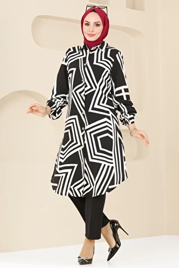 ModaMerve Geometric Pattern Viscose Tunic 0173Bg354-Ms Black&Ecru