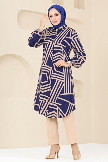 ModaMerve Geometric Pattern Viscose Tunic 0173Bg354-Ms Indigo&Vision
