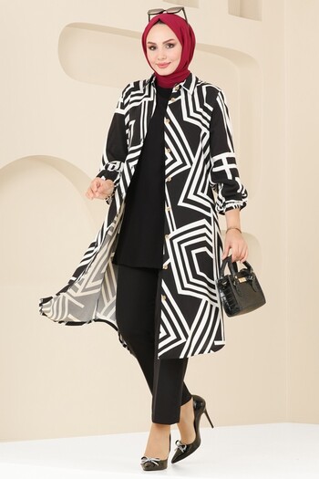 ModaMerve Geometric Pattern Viscose Tunic 0173Bg354-Ms Black&Ecru