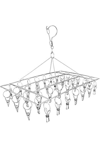 Generic Stainless Steel Sock Drying Rack, Laundry Pegs with 36pcs Swivel Hook Wind-proof Clothes Hanging Ra