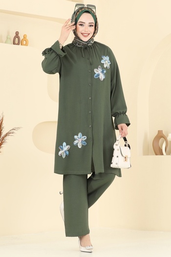 ModaMerve Flower Detail Aerobin Suit 6018Uz662-Ms Khaki