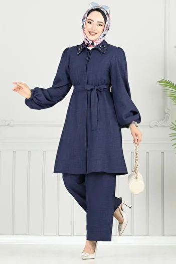 ModaMerve Jeweled Collar Hijab Suit 9038S324-Ms Navy