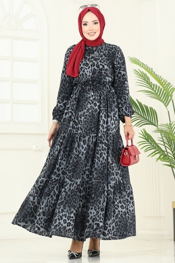 ModaMerve Rochie leopard cu tunel în talie 7130BG354-MS Gri