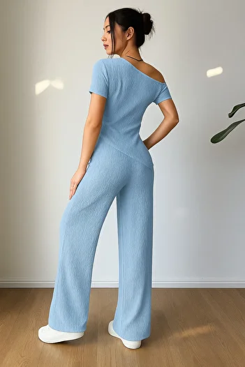 poswicon Baby Blue Off Shoulder Asymmetrical Hem and Pants Bottom Top Suit