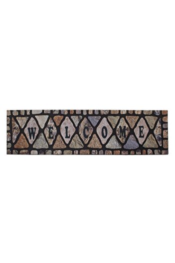TOPI TOY Entrance doormat, black with multicolor stone print and Welcome message, 90×24 cm