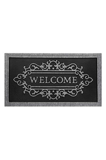 TOPI TOY Entrance mat, gray with black, Welcome message, 90×50 cm