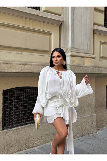 S&A Collectionn Γυναικείο επιπλέον σούπερ μίνι φόρεμα με βαμμένο μπαλόνι μανίκι και σορτς με βολάν