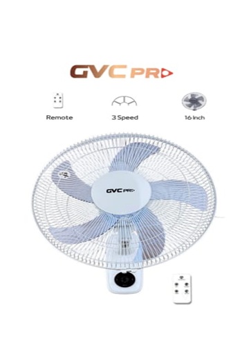 GVC PRO Electric wall fan, white color, practical space-saving design, powerful blades for efficient air distribution.