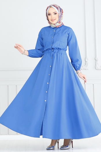 ModaMerve Elastic Waist Hijab Dress 805Ozn1046-Ms Blue