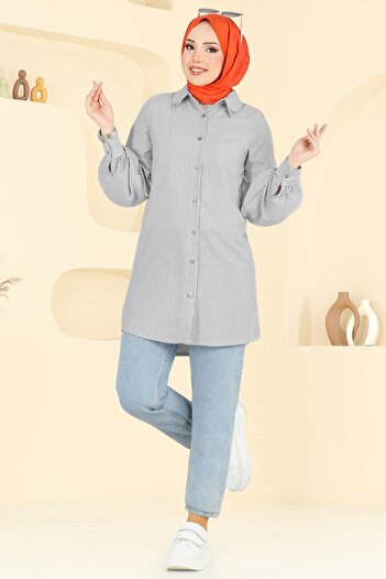 ModaMerve Striped Shirt with Stone Collar 3093Hbs856-Ms Black