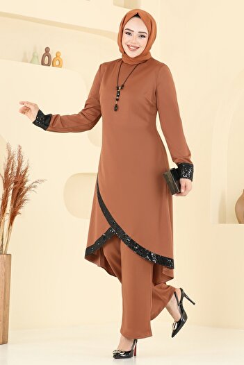 ModaMerve Pul Sequin Suit with Necklace 4559Asmk1074-Ms Tan