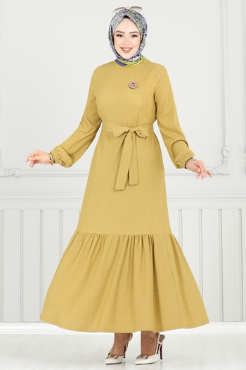 ModaMerve Brooch Detail Wrap Dress 422Dvl817-Ms Fat Green