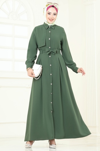 ModaMerve Front Button Dress Ferace 283Asn888-Ms Khaki