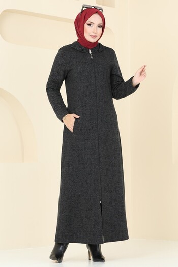 ModaMerve Front Zipper Overcoat Ferace 1904Znn863-Ms Black