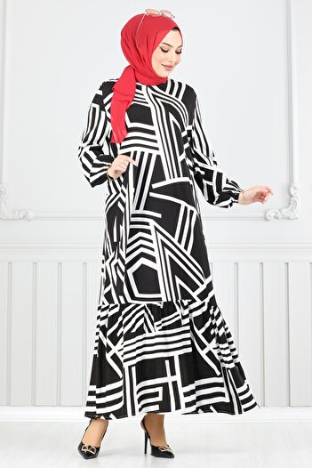 ModaMerve Geometric Patterned Viscose Dress 811Ozn1046-Ms Black
