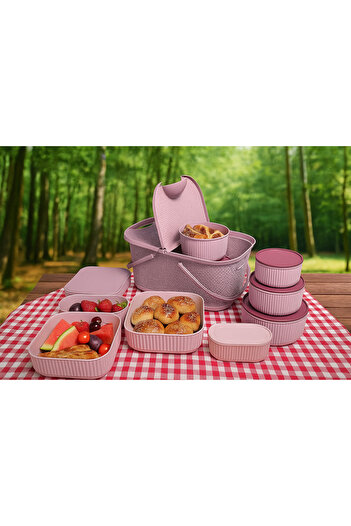 İ&A HOME 9 Parça Şık ve Kullanışlı Piknik Sepeti – Pastel Pembe | Modern Tasarım