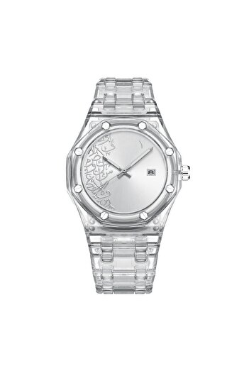 marvina Transparent watch with a modern design, Arabic numerals, and a silver dial.