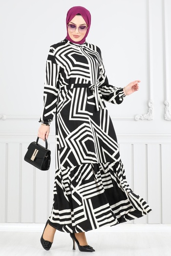 ModaMerve Geometric Patterned Viscose Dress 811Ozn1046-Ms Vision&Black
