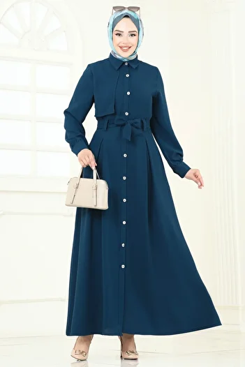 ModaMerve Front Button Dress Ferace 283Asn888-Ms Petrol