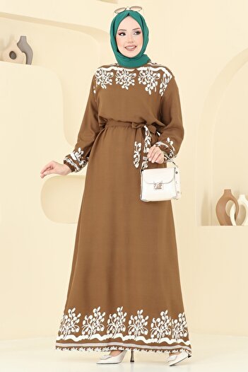 ModaMerve Patterned Viscose Dress 837Ozn1046-Ms Tan