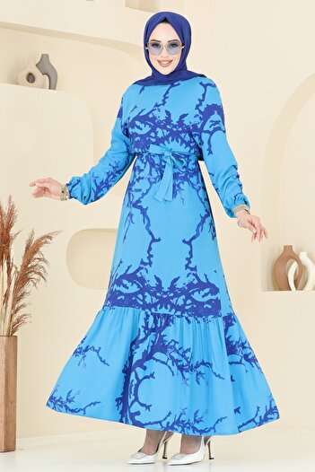 ModaMerve Patterned Viscose Dress 812Ozn1046-Ms Blue