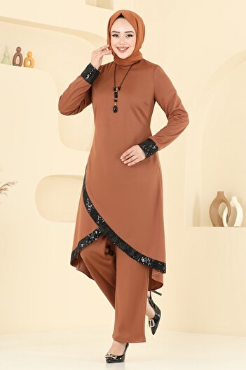 ModaMerve Pul Sequin Suit with Necklace 4559Asmk1074-Ms Tan