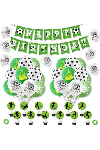 Smileh birthday set, football theme, green/white/black, latex/paper 35 pieces