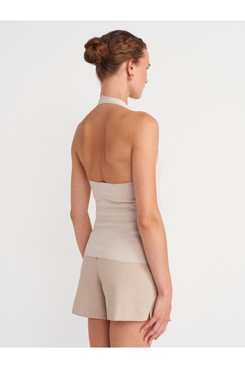 Dilvin 10794 Halter V-Neck Basic Blouse-Stone