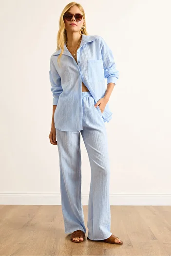 Olalook Women's Baby Blue Muslin Shirt Trousers Set Tkm-19000422