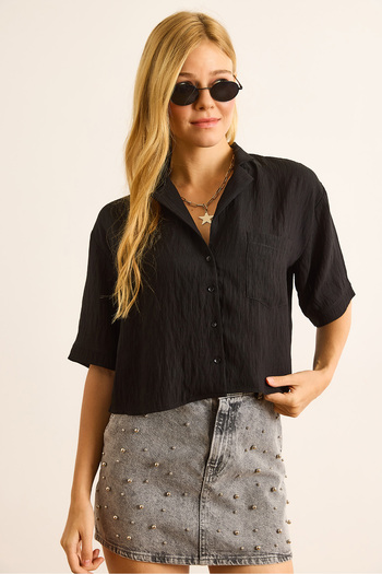Olalook Women's Black Single Pocket Transparent Stripe Crop Shirt Gml-19001384
