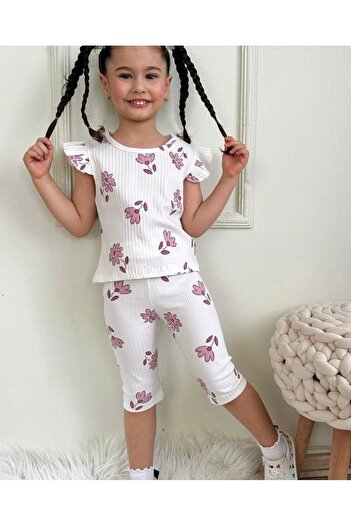 Yağmur Giyim Pjkskt Flower Pattern Ecru Corduroy Fabric Ruffled Sleeves Capri Girl's Short Sleeve Suit 7644-E