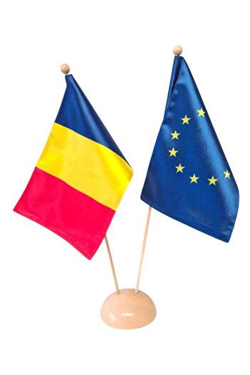 SDX Market Romanian and EU tricolor flags, Double Silk front, 16 cm x 24 cm, double wooden stand for desk,40 cm