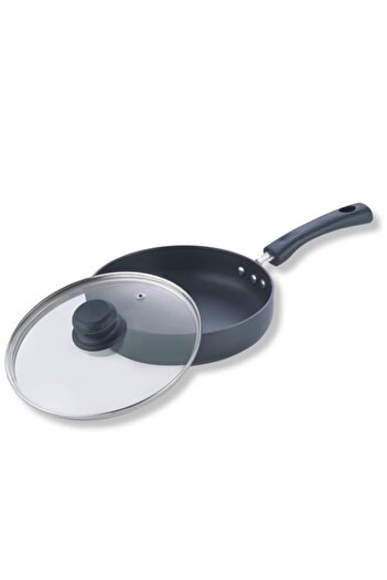 Generic Vinod Black Pearl Hard Anodised Deep Frypan with Glass Lid - 1.8 Litre, 22cm | 3.25mm Thick | Skill