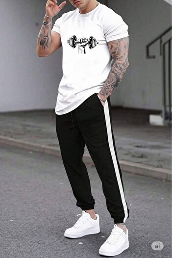 Shine Stone Men's White Dumbbell Printed Slimfit Crew Neck T-Shirt Black Tight Leg Tracksuit Bottom Suit