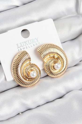 STİLLOVE Brass Pearl Detailed Swirl Model Gold Color Women's Earrings