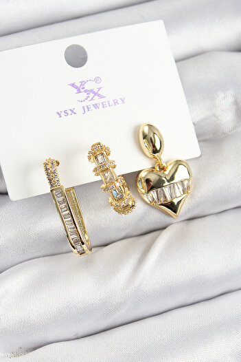 STİLLOVE Brass Zircon Stone Heart Model Gold Color 3-Piece Women's Earrings