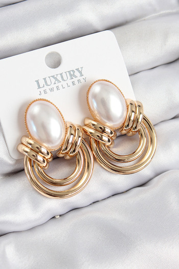 STİLLOVE Vintage Model Gold Color Women's Earrings with Brass Pearl Detail
