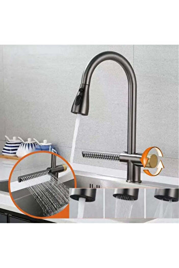 KORMAN TECHNIK Kitchen Faucet with Pull-out Shower, Gray Stainless Steel, Waterfall Function YB1500N