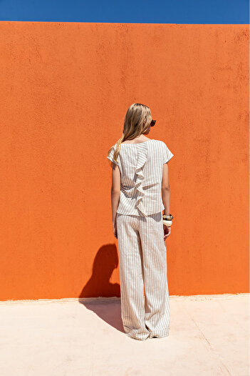 KAMEYA Striped Ecru Blouse with Back Detail