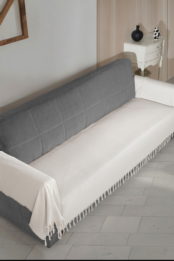 LADYNİL Armchair Cover Oversize Sofa Bed and Sofa Covering Seat and Arms with Fringes 115X300Cm Ecru