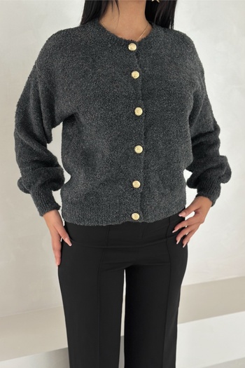 FEMELLE Anthracite Gold Button Detailed Knitwear Cardigan Standard Size Soft Texture