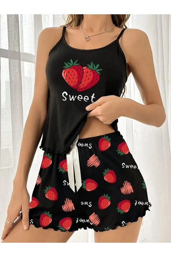 HUBANN Strawberry Printed Suspender Shorts Pajama Set